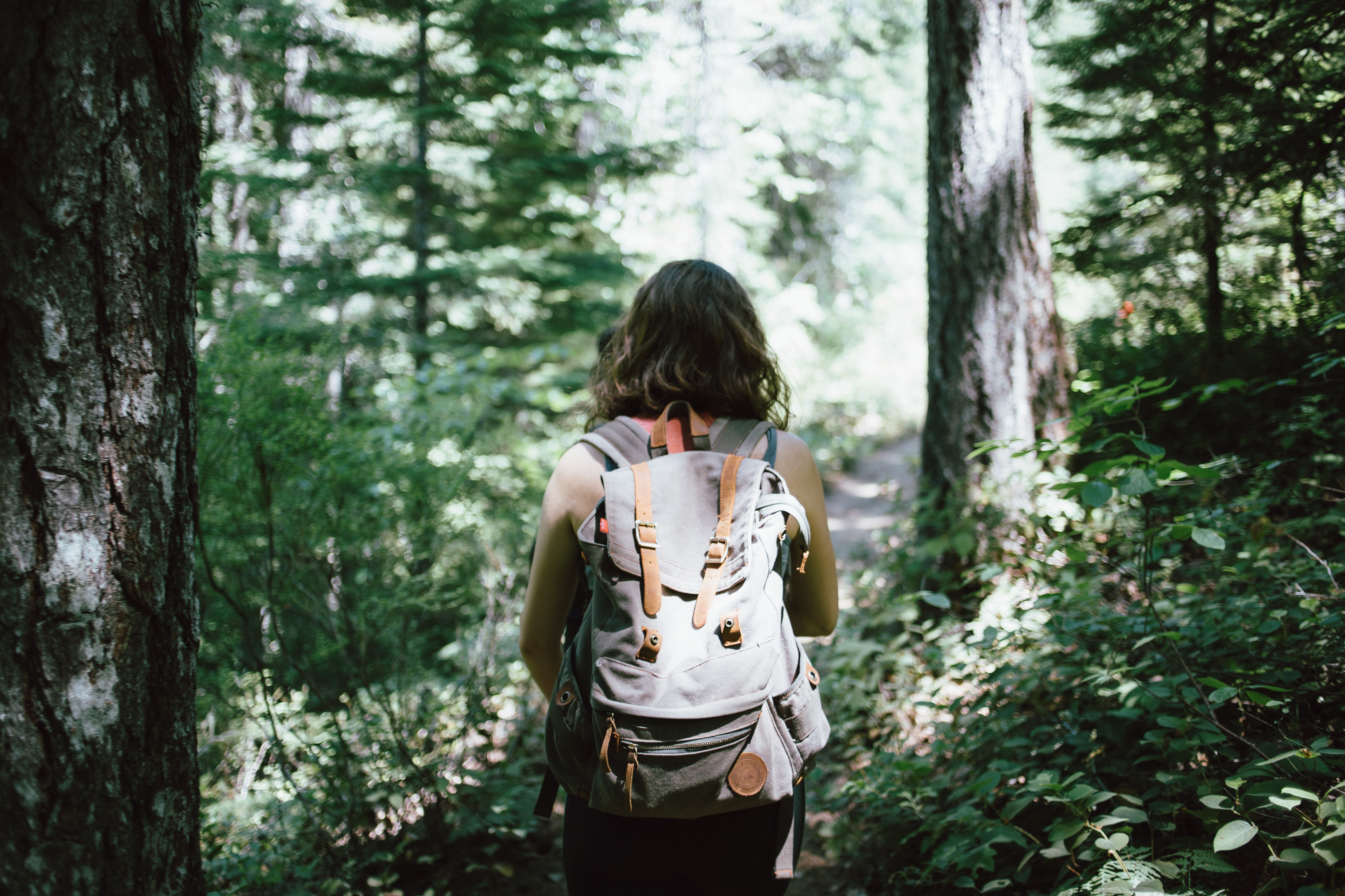 image of lady backpacking in nature image